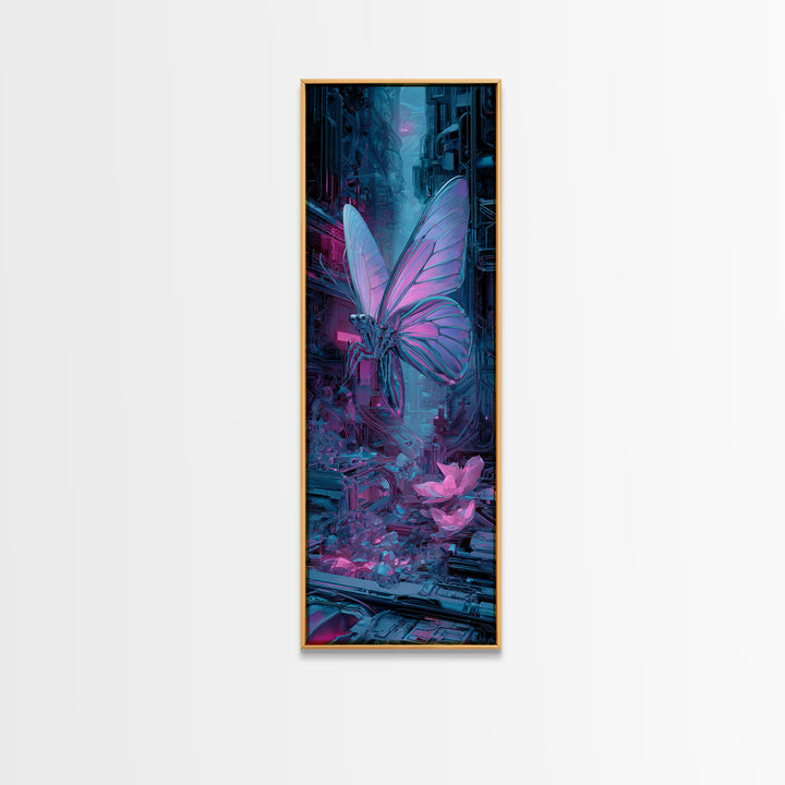 Holographic Butterfly over Black Metal Surface Canvas Print, Cyberpunk Art, Man Cave Decor, Living Room Decor, Fine Art, Neon, CYB-1x3-55