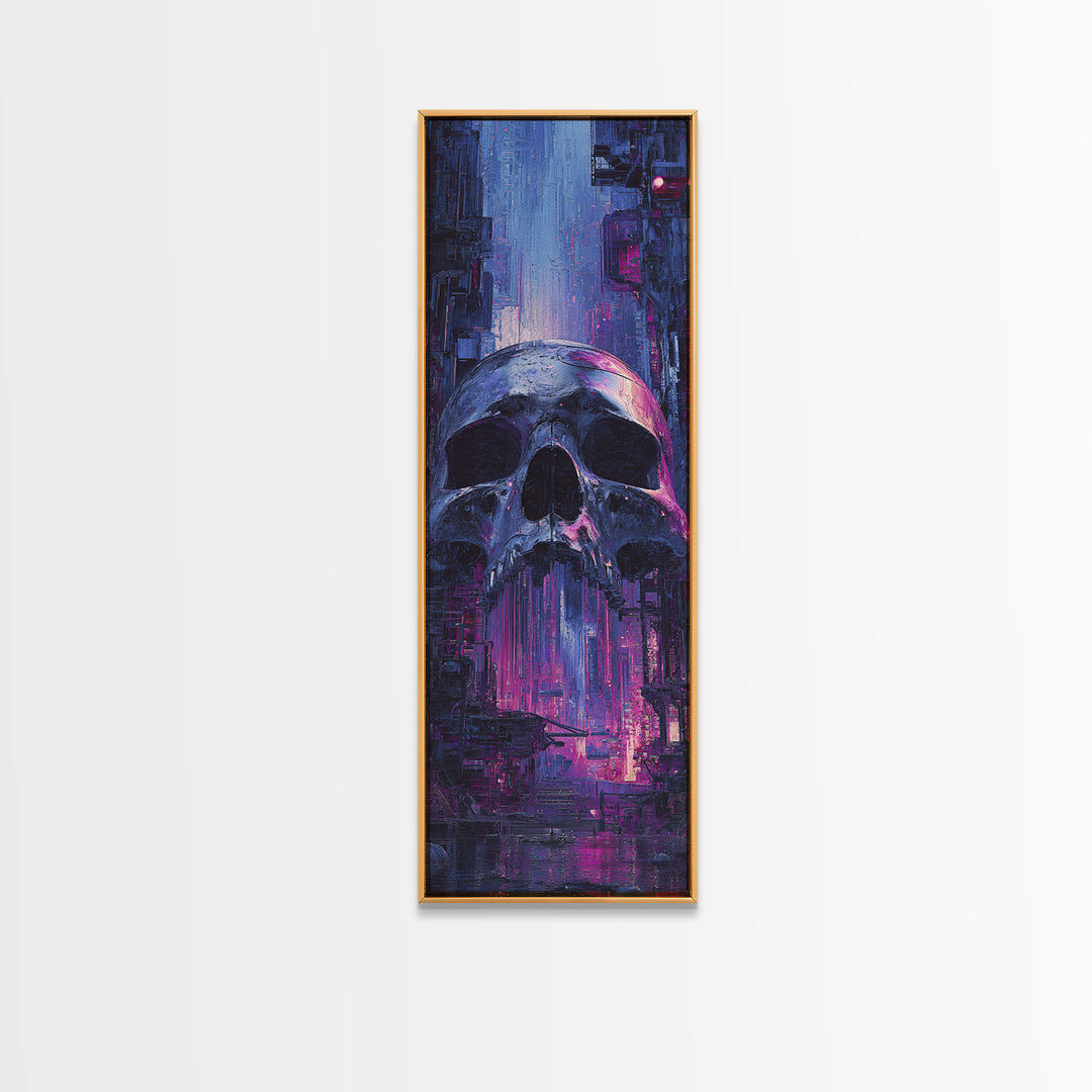 Cyberpunk Skull with Chrome and Violet Light Canvas Print, Cyberpunk Art, Modern Art, Living Room Decor, Fine Art, Neon, CYB-1x3-56