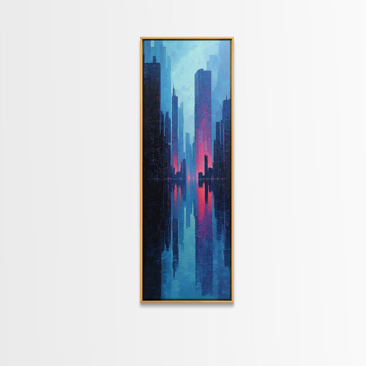 Neon Skyline Reflected Framed Canvas Print, Cyberpunk Art, Modern Wall Decor, Living Room Decor, Abstract Art, Neon, CYB-1x3-58