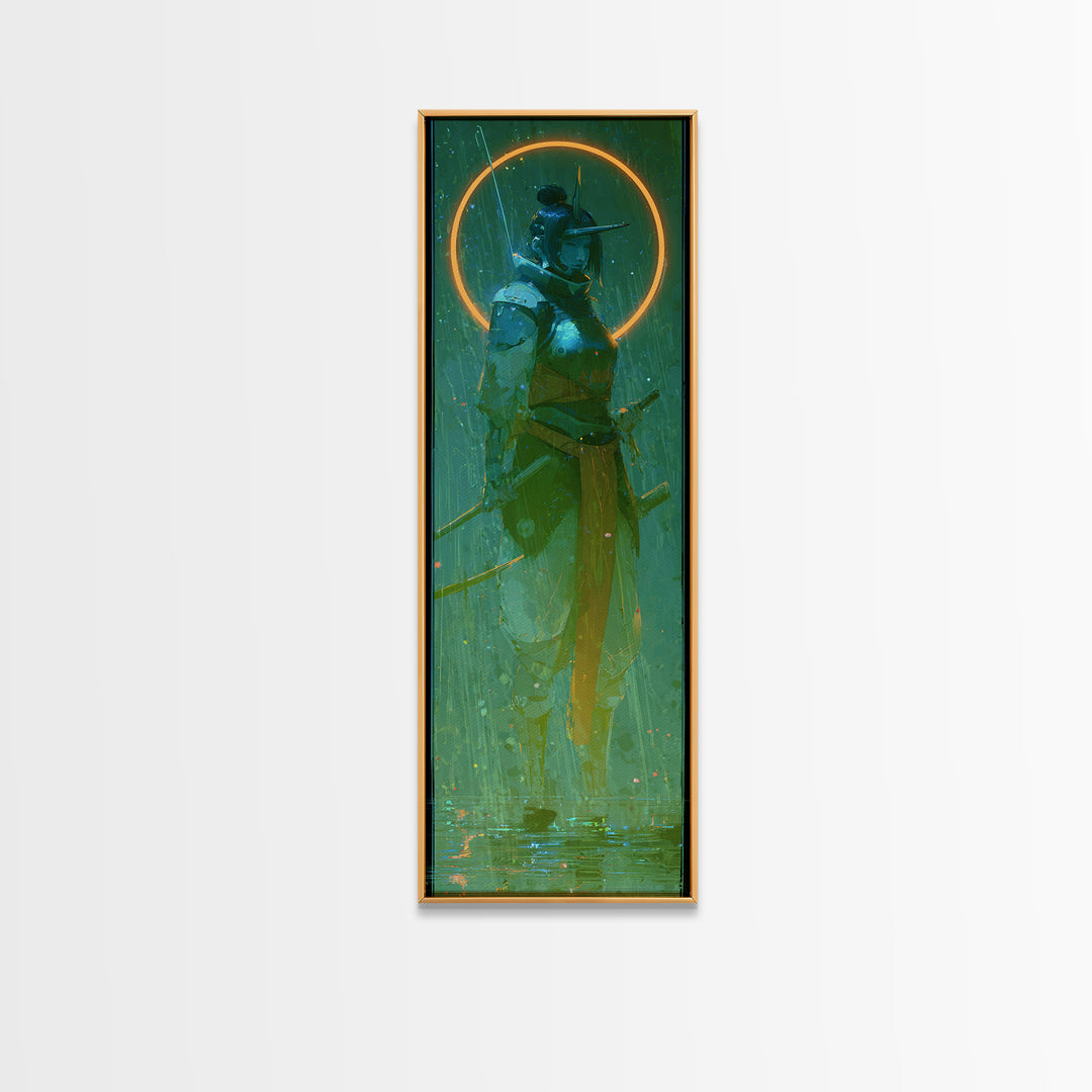 Neon Samurai Portrait Framed Canvas Print, Cyberpunk Art, Cyberpunk, Living Room Decor, Neon, Modern Art, Blue Wall Art, CYB-1x3-61