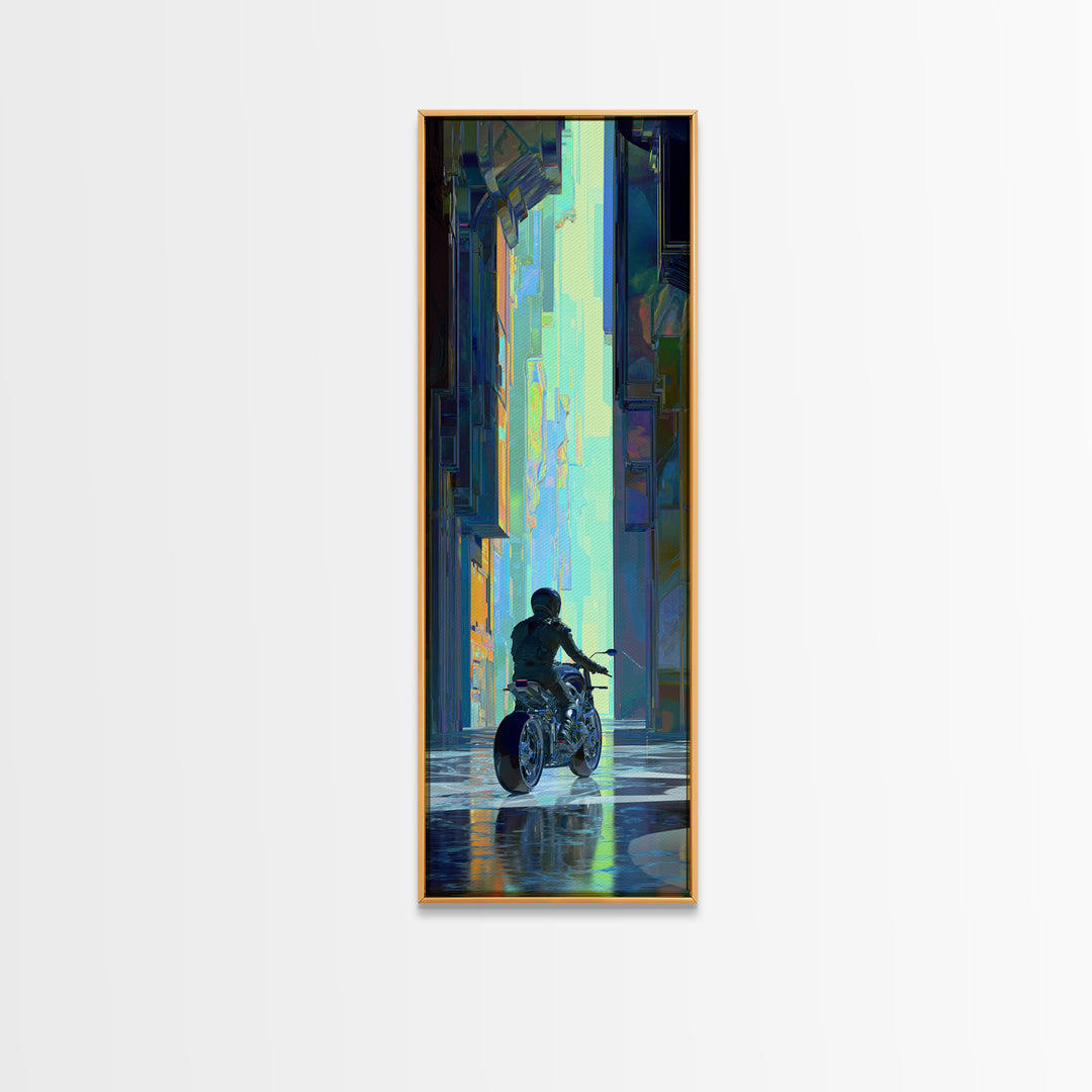 Motorcycle Rider under Holographic Signs Framed Canvas Print, Cyberpunk Art, Cool Wall Art, Living Room Decor, Fine Art, Neon, CYB-1x3-64