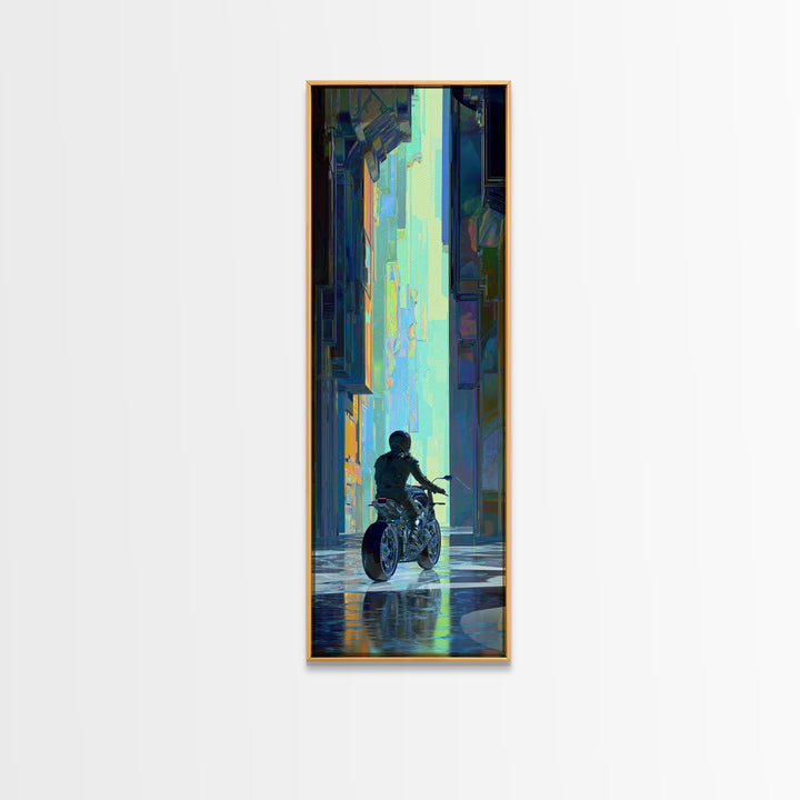 Motorcycle Rider under Holographic Signs Framed Canvas Print, Cyberpunk Art, Cool Wall Art, Living Room Decor, Fine Art, Neon, CYB-1x3-64