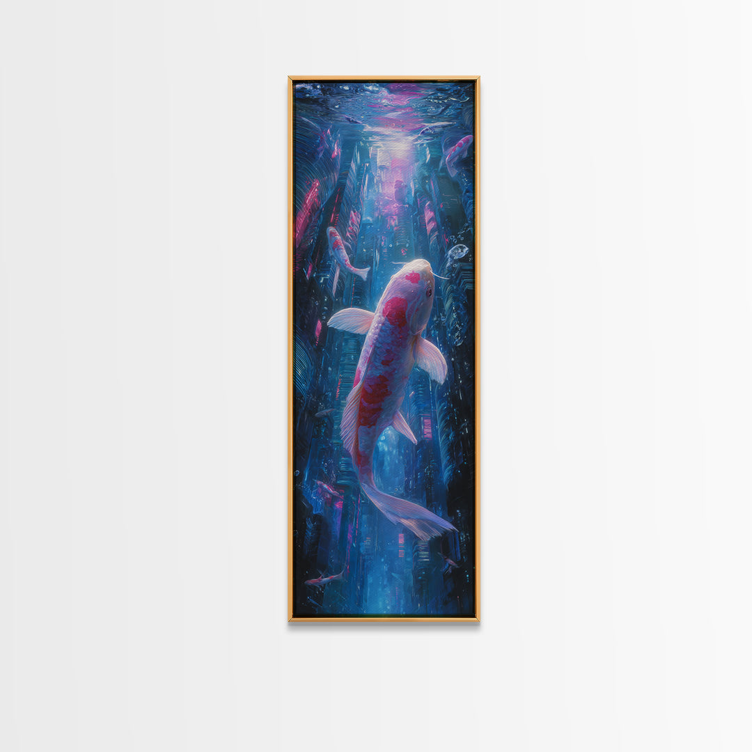 Cyberpunk Koi Swimming Through Electric Blue Water Canvas Print, Cyberpunk Art, Art Print, Living Room Decor, Fine Art, Neon, CYB-1x3-65