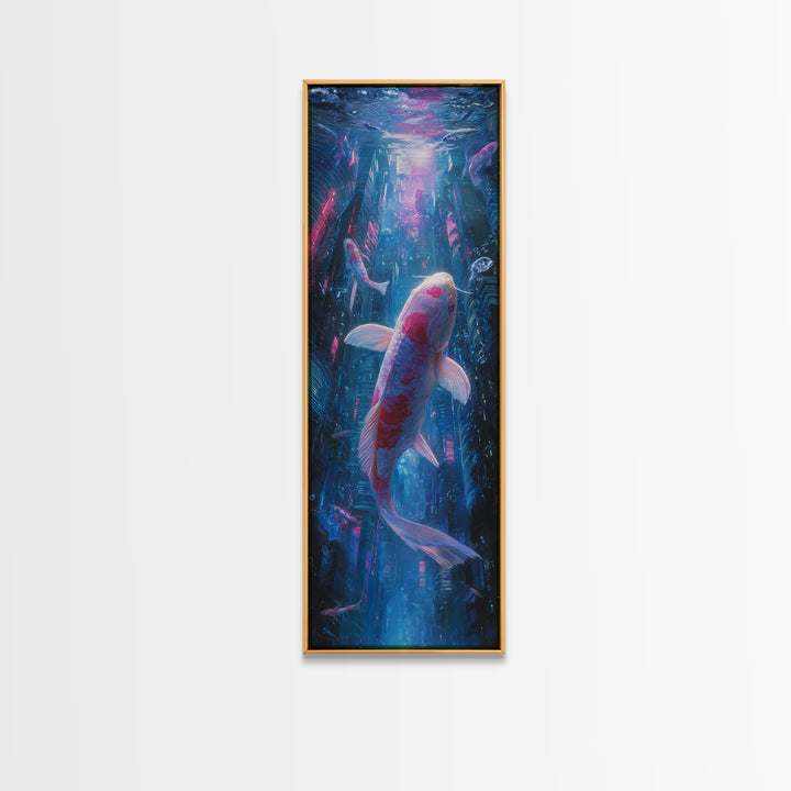 Cyberpunk Koi Swimming Through Electric Blue Water Canvas Print, Cyberpunk Art, Art Print, Living Room Decor, Fine Art, Neon, CYB-1x3-65