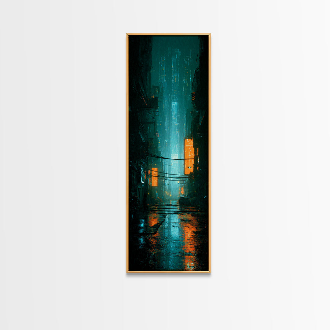 Retro Arcade Dystopia Framed Canvas Print, Cyberpunk Art, Modern Decor, Living Room Decor, Fine Art, Neon, Poster, Wall Decor, CYB-1x3-70