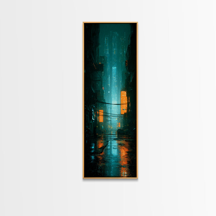 Retro Arcade Dystopia Framed Canvas Print, Cyberpunk Art, Modern Decor, Living Room Decor, Fine Art, Neon, Poster, Wall Decor, CYB-1x3-70
