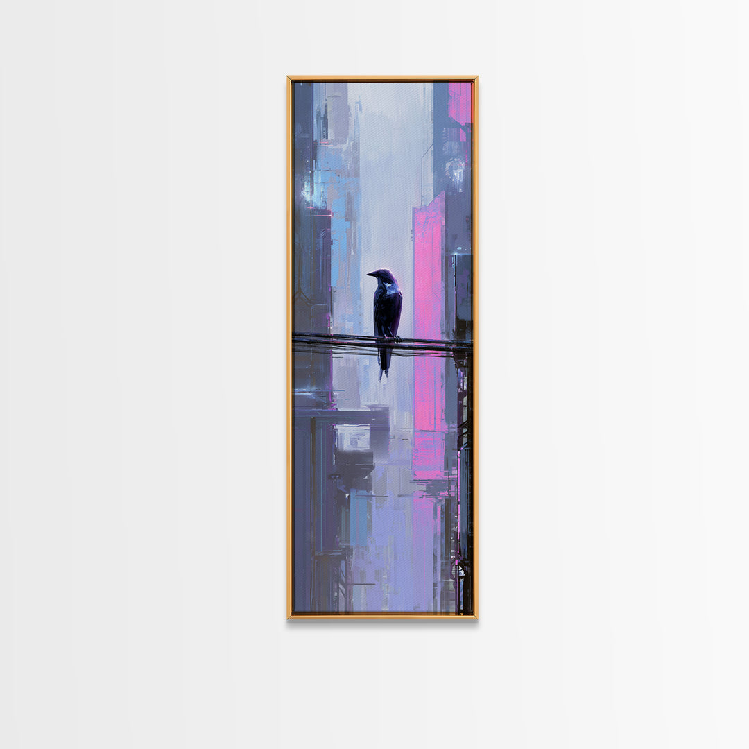 Cybernetic Raven Perched on a Cable Framed Canvas Print, Cyberpunk Art, Gallery Decor, Living Room Decor, Fine Art, Neon, CYB-1x3-71
