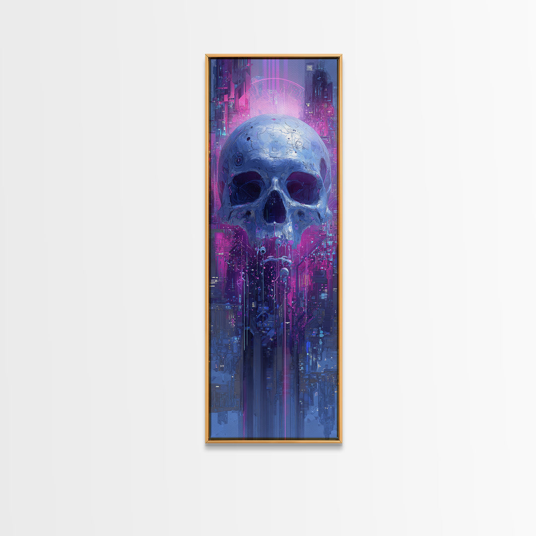 Cyberpunk Skull with Chrome and Violet Light Framed Canvas Print, Cyberpunk Art, Contemporary Art, Living Room Decor, Neon, CYB-1x3-8