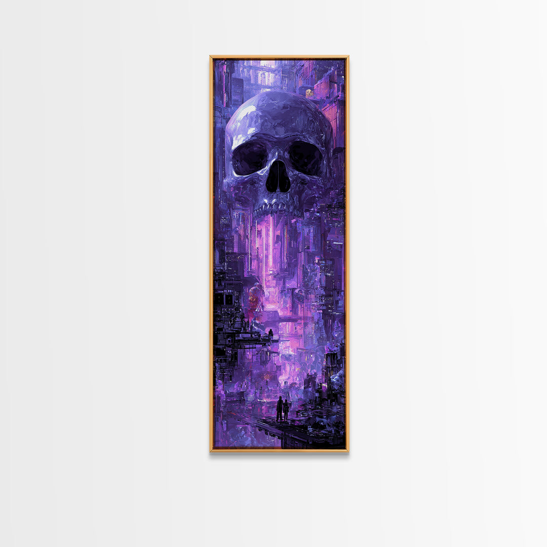 Cyberpunk Skull with Chrome and Violet Light Framed Canvas Print, Cyberpunk Art, Digital Art Print, Living Room Decor, Neon, CYB-1x3-80