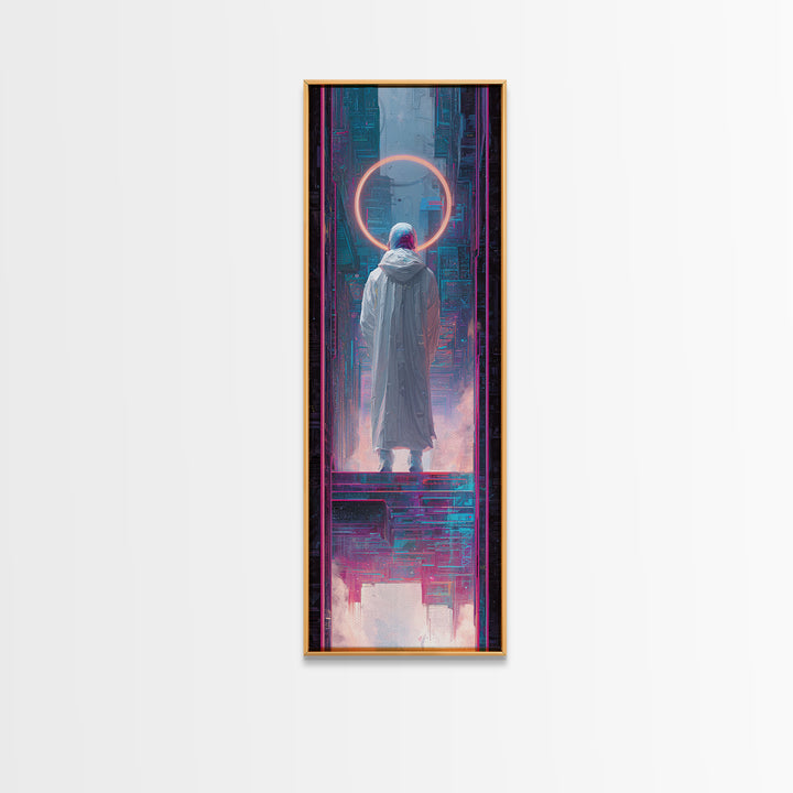 Masked Hacker Figure Canvas Print, Cyberpunk Art, Wall Art, Living Room Decor, Oil Painting, Neon, Abstract Art, CYB-1x3-90
