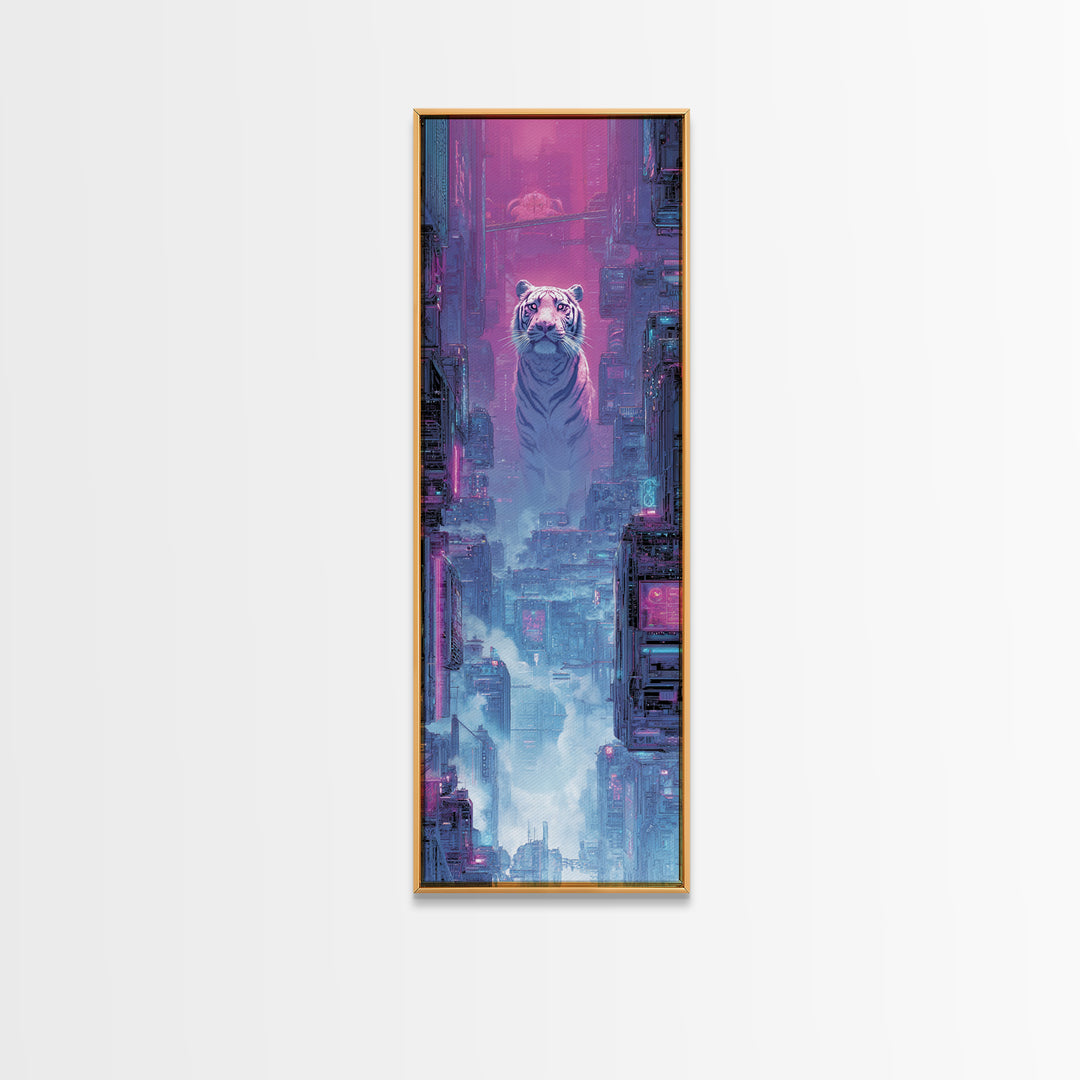 Neon Tiger Emerging from Digital Fog Canvas Print, Cyberpunk Art, Digital Art, Living Room Decor, Fine Art, Neon, Cool Wall Art, CYB-1x3-93