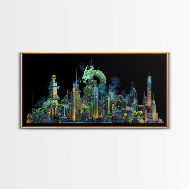 Neon Dragon Wrapped Around Skyscraper Shapes Framed Canvas Print, Cyberpunk Art, Living Room Decor, Abstract Art, Neon, CYB-2x1-10
