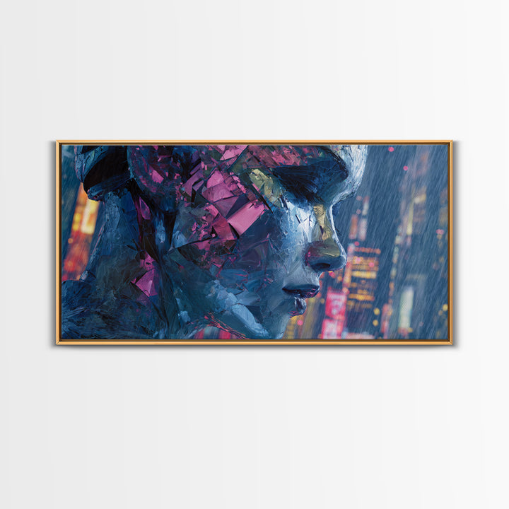 Ai Mask Portrait Framed Canvas Print, Cyberpunk Art, Statement Artwork, Living Room Decor, Fine Art, Neon, Art Print, CYB-2x1-20