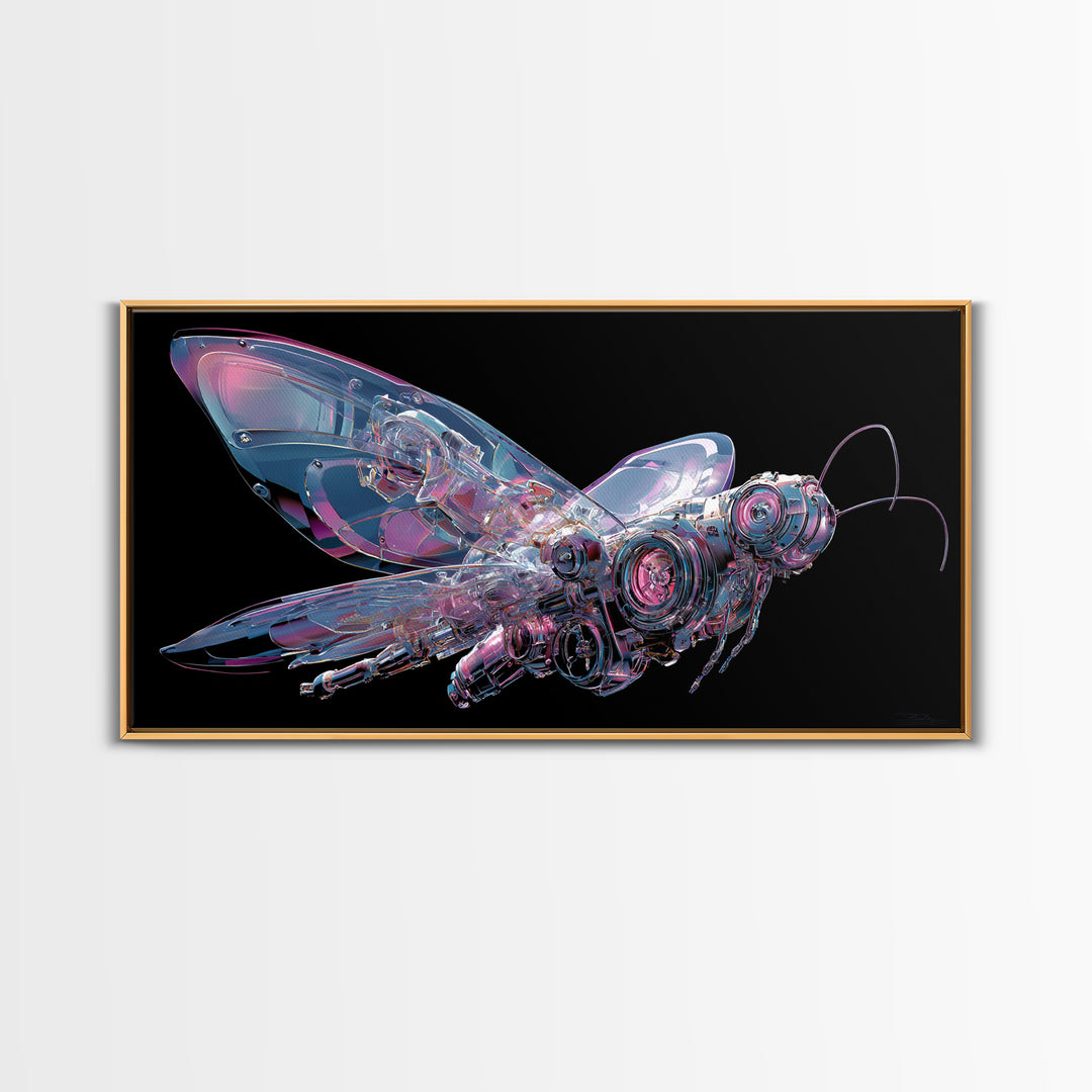 Holographic Butterfly over Black Metal Surface Canvas Print, Cyberpunk Art, Printable Wall Art, Living Room Decor, Neon, CYB-2x1-39