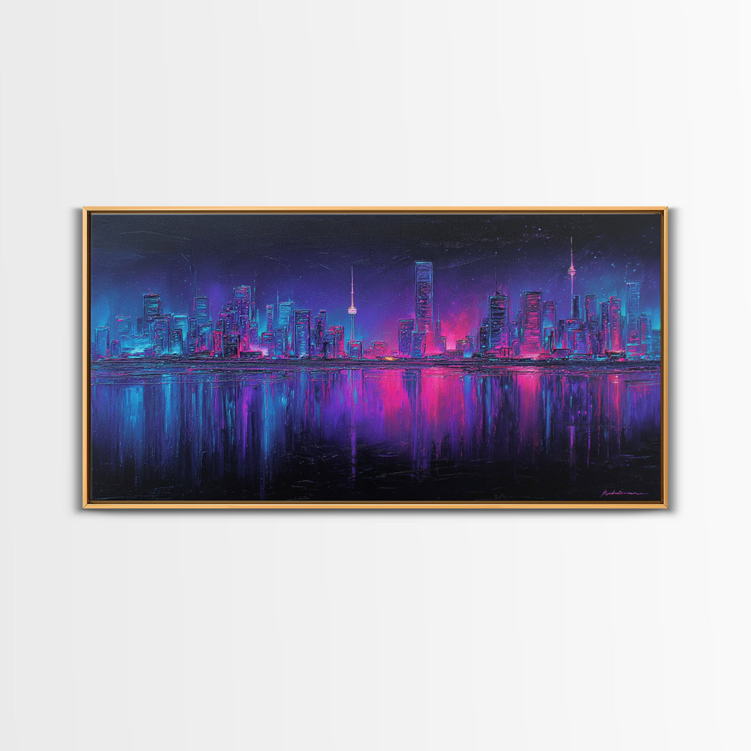 Neon Skyline Reflected Framed Canvas Print, Cyberpunk Art, Room Decor, Living Room Decor, Abstract Art, Neon 142, Cyberpunk, CYB-2x1-42