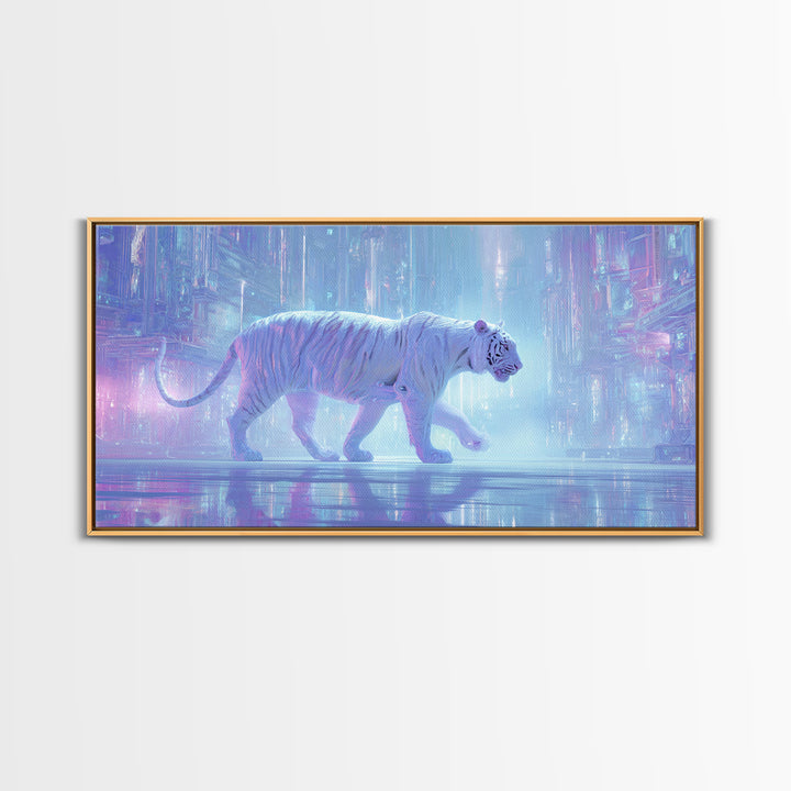 Neon Tiger Emerging from Digital Fog Framed Canvas Print, Cyberpunk Art, Digital Wall Art, Living Room Decor, Watercolor Art, CYB-2x1-5
