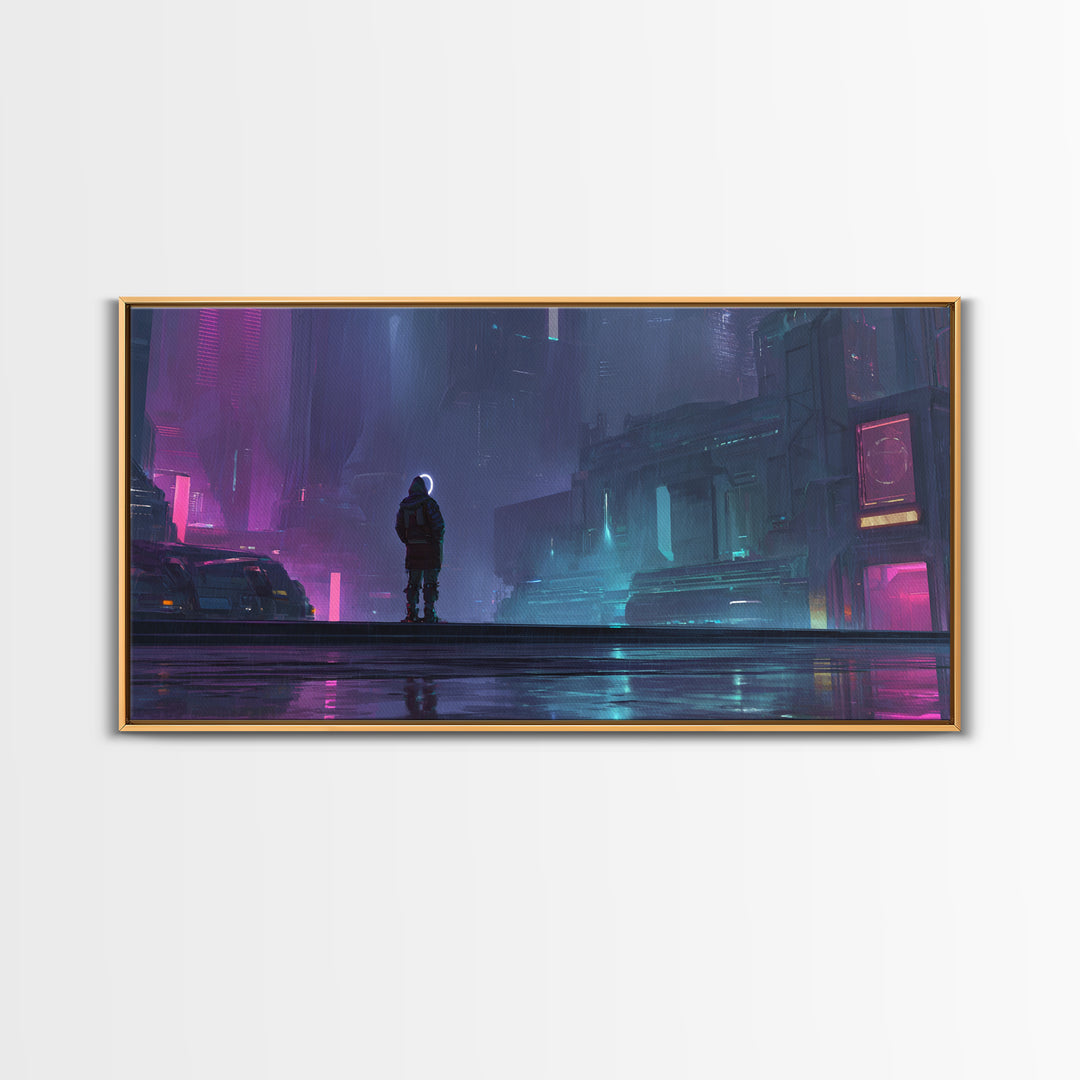 Masked Hacker Figure Framed Canvas Print, Cyberpunk Art, Wall Decor, Living Room Decor, Fine Art, Neon, Japanese Art, CYB-2x1-50