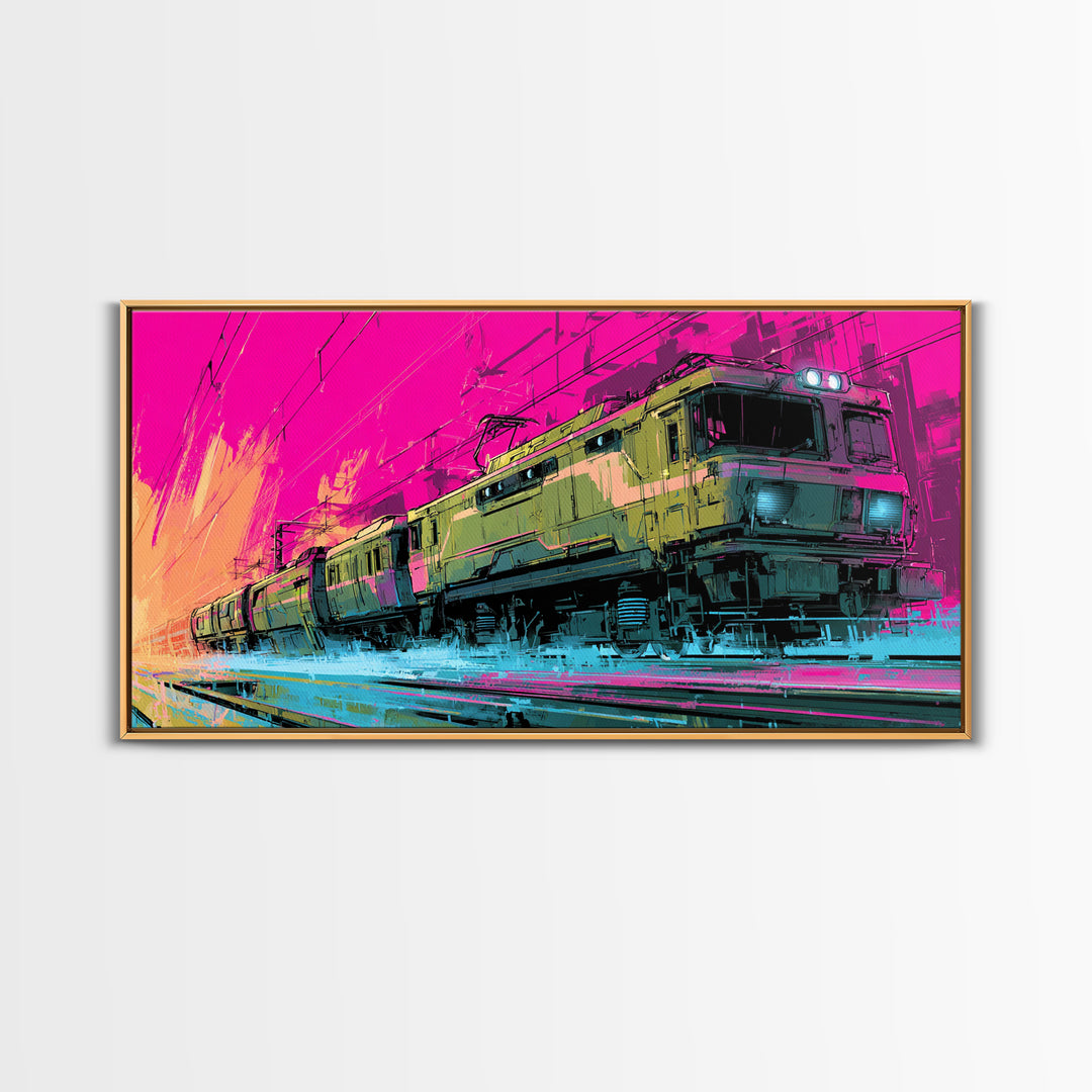 City Train Rushing Through Pink Electric Haze Canvas Print, Cyberpunk Art, Gothic Decor, Living Room Decor, Fine Art, Neon, CYB-2x1-57