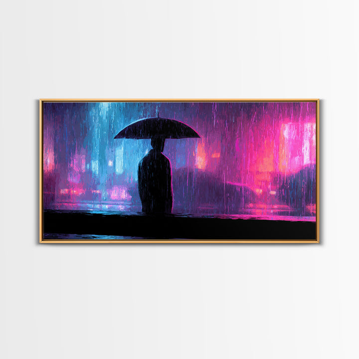Glowing Umbrella Figure Framed Canvas Print, Cyberpunk Art, Cyberpunk Jacket, Living Room Decor, Fine Art, Neon, Boho Decor, CYB-2x1-59