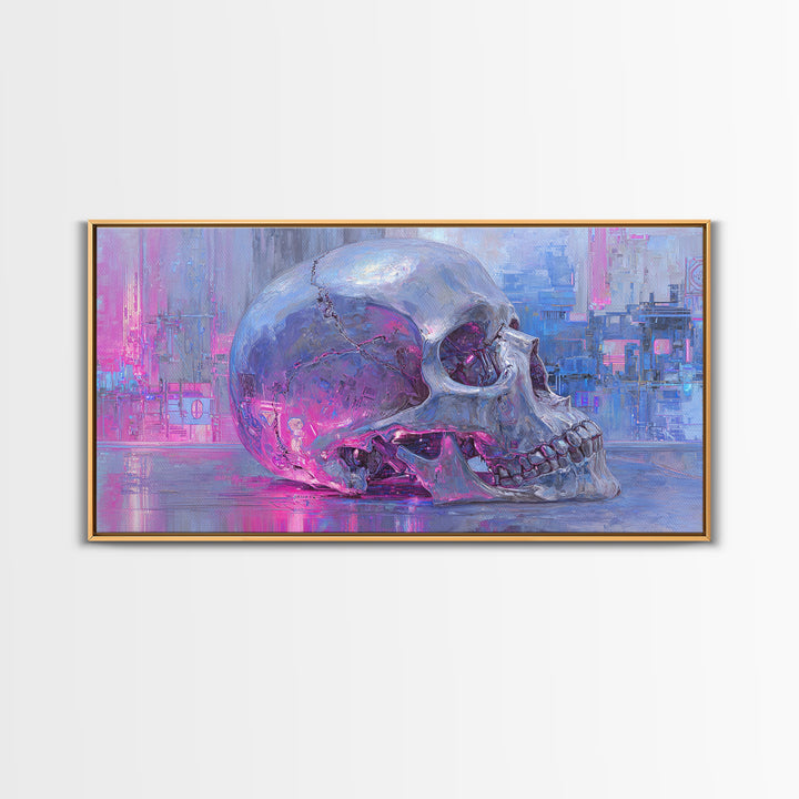 Cyberpunk Skull with Chrome and Violet Light Canvas Print, Cyberpunk Art, Cyberpunk 2077, Living Room Decor, Fine Art, Neon, CYB-2x1-64