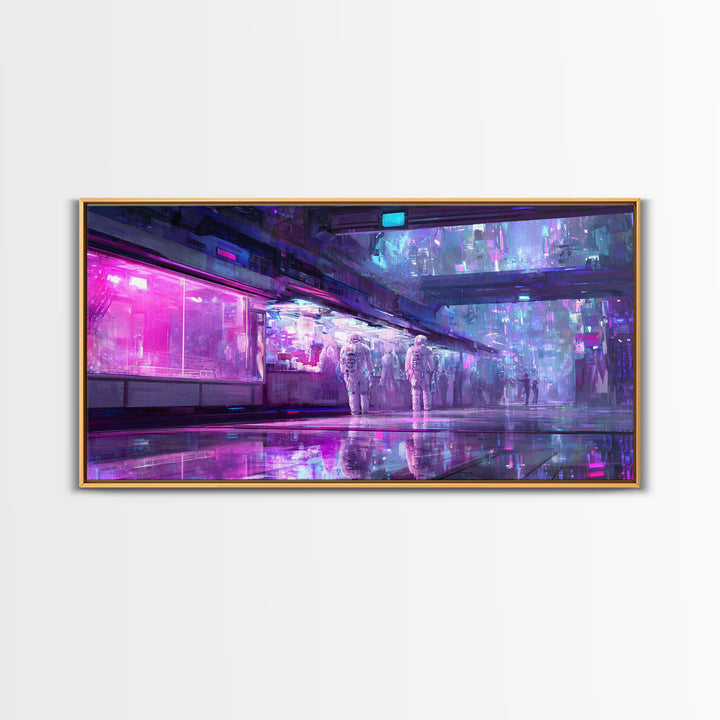 Astronaut Street Wanderer Framed Canvas Print, Cyberpunk Art, Gallery Decor, Living Room Decor, Fine Art, Neon, Wall Art, CYB-2x1-67