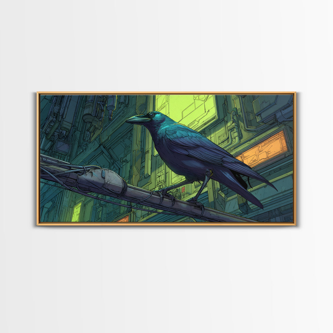 Cybernetic Raven Perched on a Cable Framed Canvas Print, Cyberpunk Art, Art Print, Living Room Decor, Fine Art, Neon, CYB-2x1-7