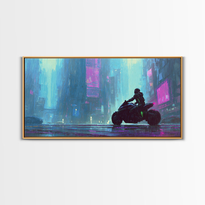 Motorcycle Rider under Holographic Signs Framed Canvas Print, Cyberpunk Art, Gothic Decor, Living Room Decor, Fine Art, Neon, CYB-2x1-72