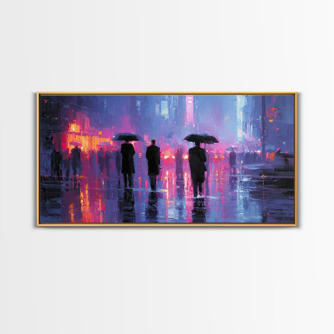 Glowing Umbrella Figure Framed Canvas Print, Cyberpunk Art, Wall Decor, Living Room Decor, Fine Art, Neon, Japanese Art, CYB-2x1-83