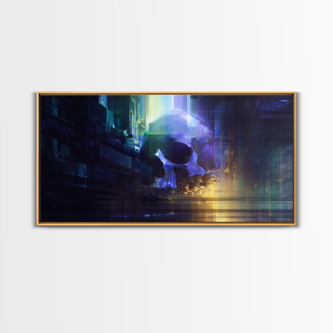 Cyberpunk Skull with Chrome and Violet Light Framed Canvas Print, Cyberpunk Art, Japanese Wall Art, Living Room Decor, Neon, CYB-2x1-88