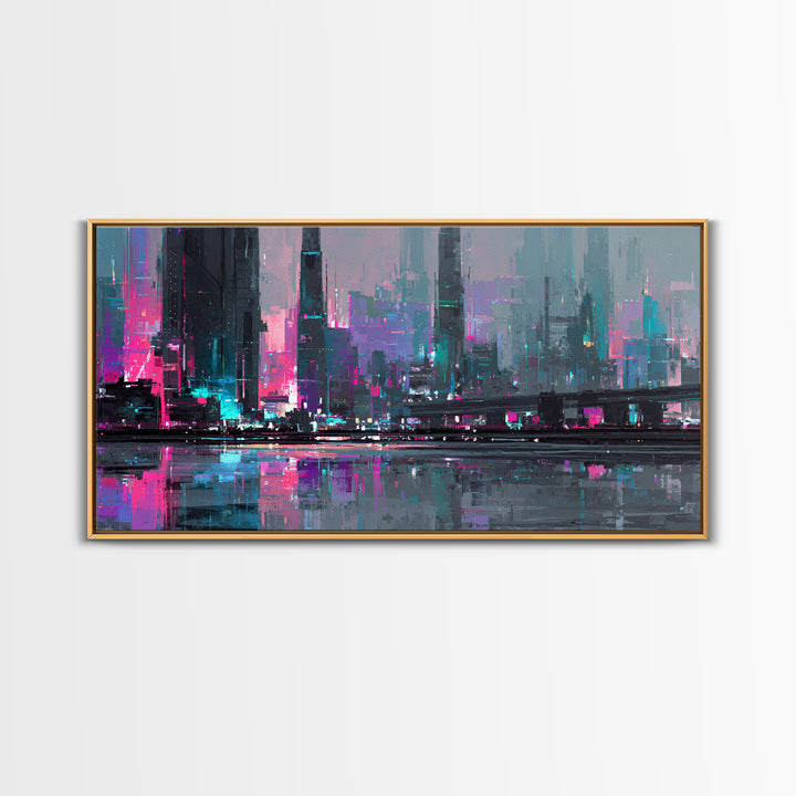 Futuristic City Skyline Canvas Print, Cyberpunk Art, Cyberpunk 2077, Living Room Decor, Fine Art, Neon, Cyberpunk Decor, CYB-2x1-94