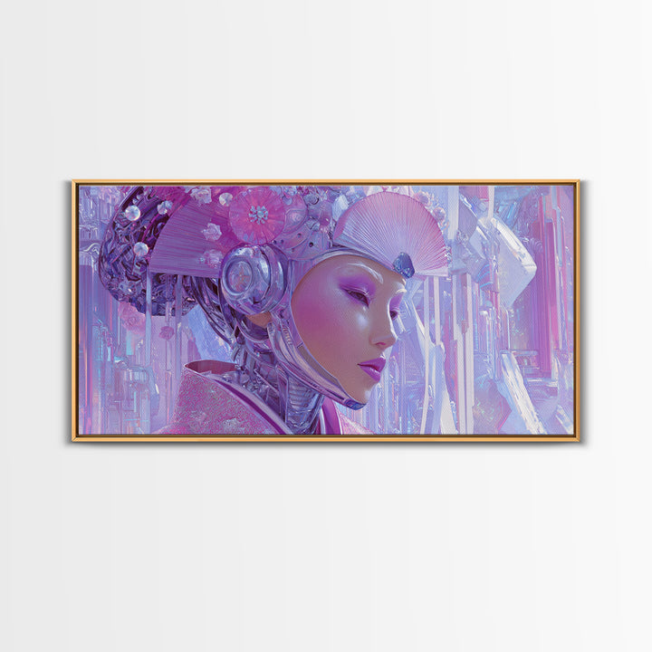 Robot Geisha Portrait Framed Canvas Print, Cyberpunk Art, Cool Wall Art, Living Room Decor, Fine Art, Neon, Gallery Decor, CYB-2x1-99