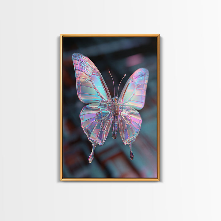Holographic Butterfly over Black Metal Surface Canvas Print, Cyberpunk Art, Home Decor, Living Room Decor, Fine Art, Neon, CYB-2x3-27