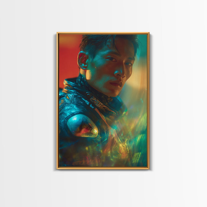 Motorcycle Rider under Holographic Signs Framed Canvas Print, Cyberpunk Art, Modern Wall Decor, Living Room Decor, Neon, CYB-2x3-36