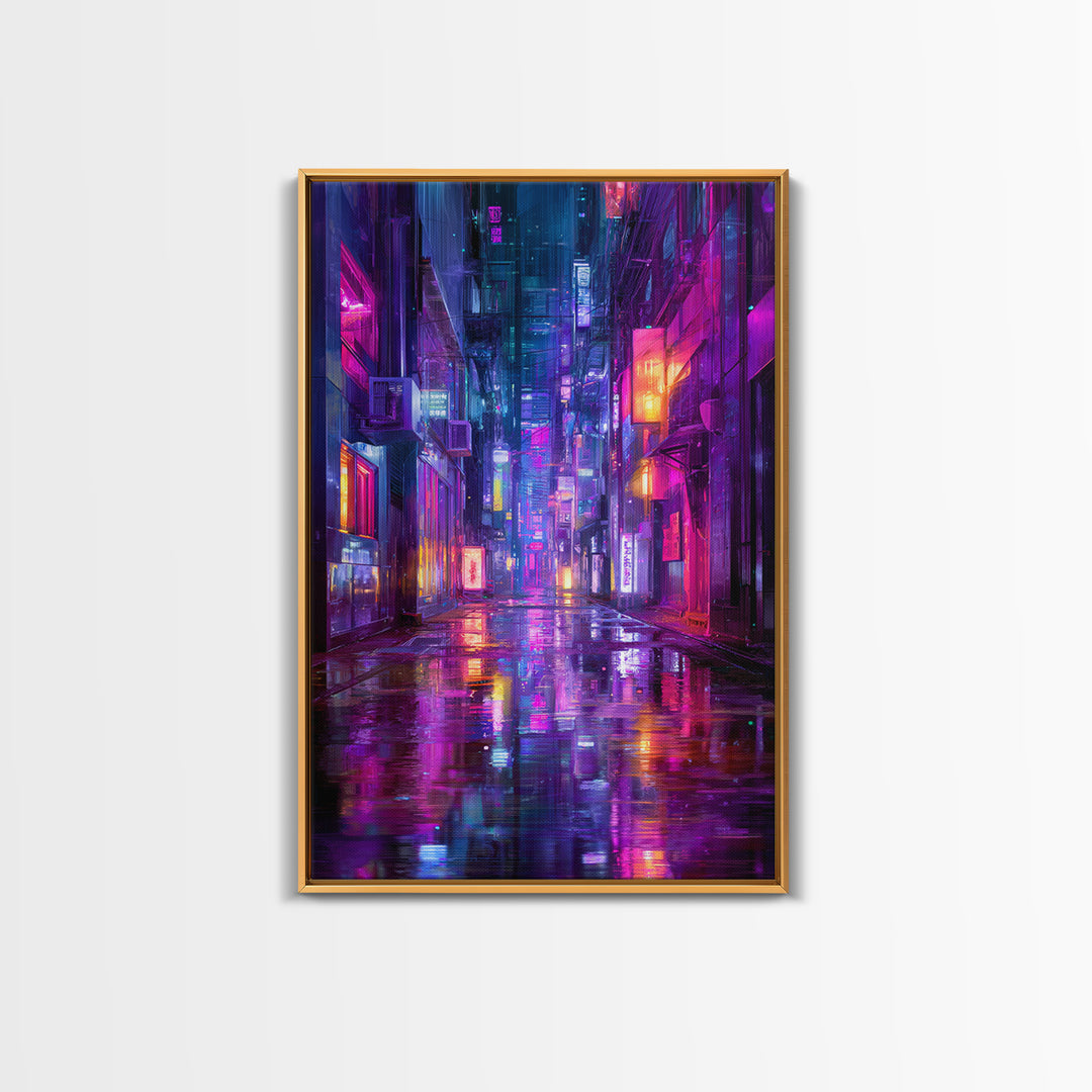 Rain Soaked Alley Canvas Print, Cyberpunk Art, Contemporary Art, Living Room Decor, Abstract Art, Neon, Canvas Wall Art, CYB-2x3-40