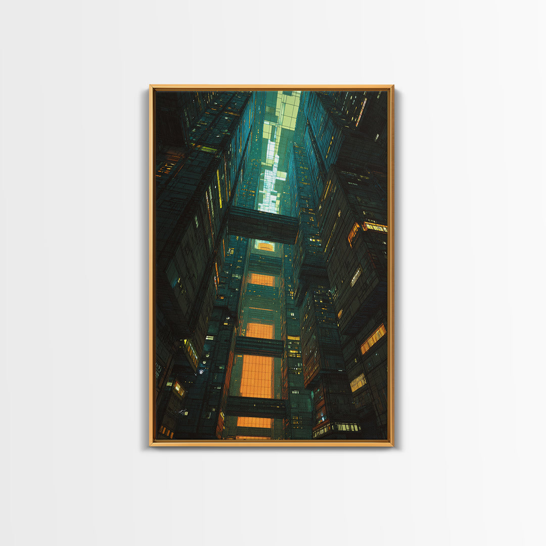 Retro Arcade Dystopia Framed Canvas Print, Cyberpunk Art, Living Room Decor, Watercolor Art, Neon, Japanese Wall Art, CYB-2x3-42