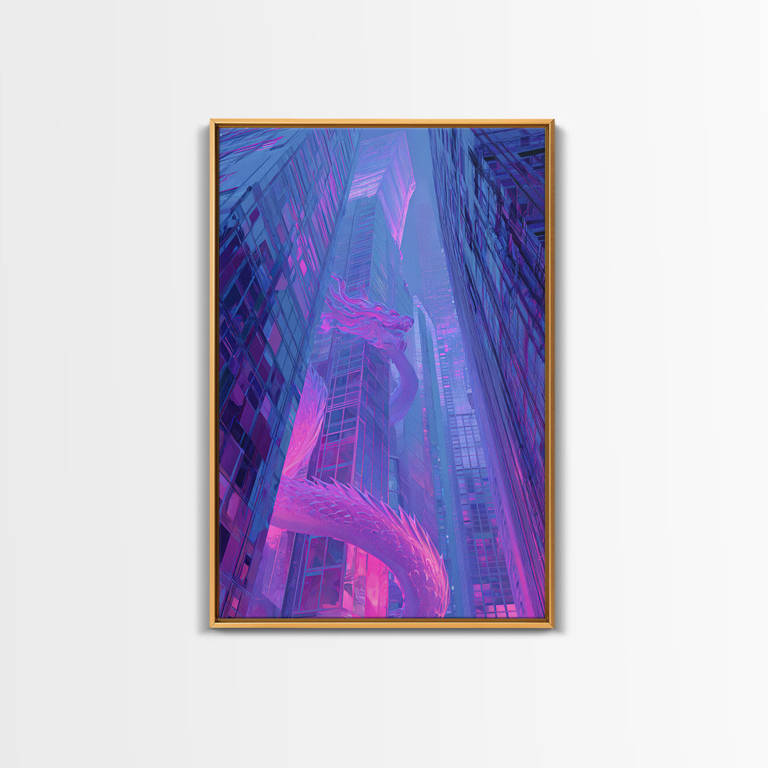 Neon Dragon Wrapped Around Skyscraper Shapes Framed Canvas Print, Cyberpunk Art, Poster, Living Room Decor, Fine Art, Neon, CYB-2x3-46