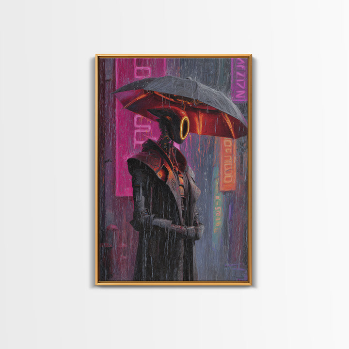 Glowing Umbrella Figure Framed Canvas Print, Cyberpunk Art, Canvas Wall Art, Living Room Decor, Fine Art, Neon, Space Art, CYB-2x3-47