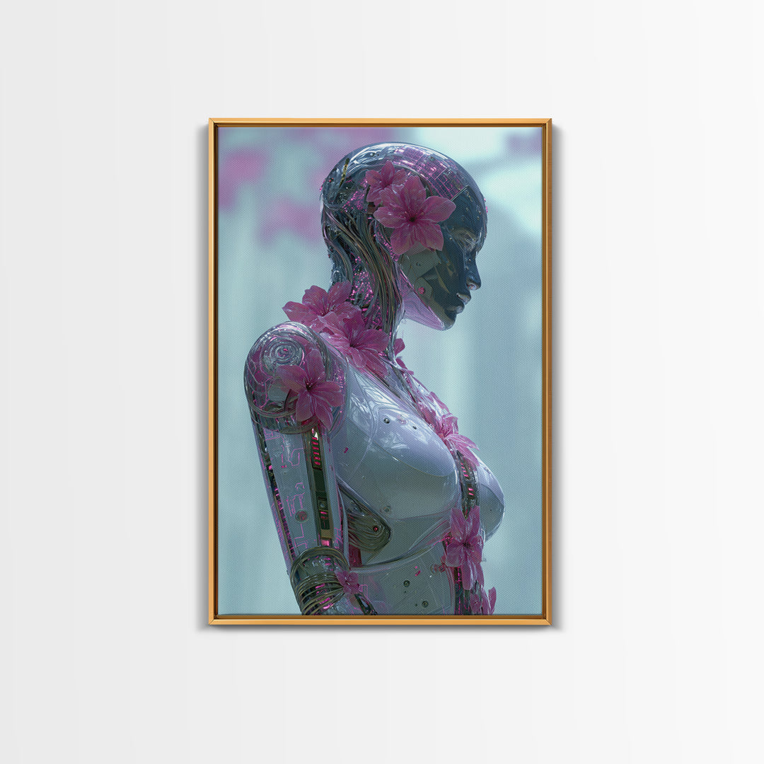 Android Woman with Glowing Circuitry and Flowers Canvas Print, Cyberpunk Art, Modern Wall Art, Living Room Decor, Neon, CYB-2x3-59