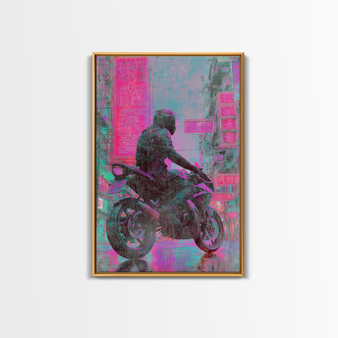 Motorcycle Rider under Holographic Signs Framed Canvas Print, Cyberpunk Art, Gothic Decor, Living Room Decor, Fine Art, Neon, CYB-2x3-60