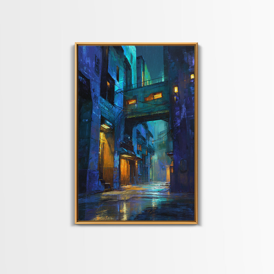 Rain Soaked Alley Framed Canvas Print, Cyberpunk Art, Art Print, Living Room Decor, Abstract Art, Neon, Blue Wall Art, CYB-2x3-64