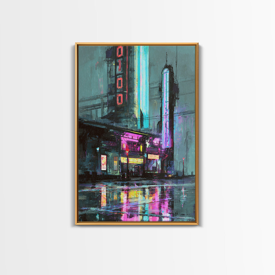 Retro Arcade Dystopia Canvas Print, Cyberpunk Art, Living Room Decor, Oil Painting, Neon, Digital Download Art, CYB-2x3-66