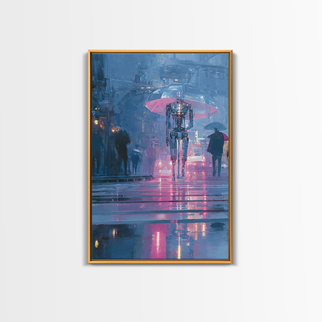 Glowing Umbrella Figure Canvas Print, Cyberpunk Art, Blue Wall Art, Living Room Decor, Fine Art, Neon, Modern Wall Decor, CYB-2x3-71