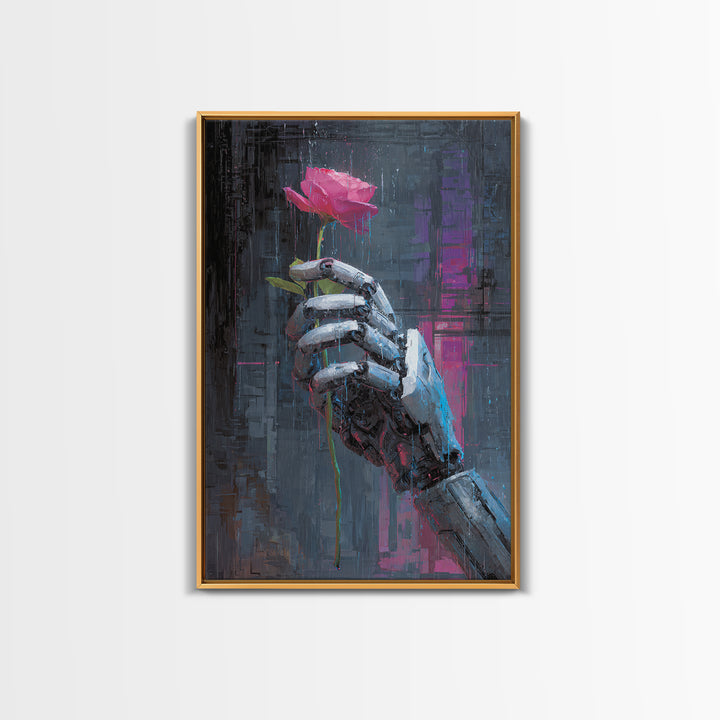 Robotic Hand Holding a Real Rose Canvas Print, Cyberpunk Art, Printable Wall Art, Living Room Decor, Oil Painting, Neon, CYB-2x3-72