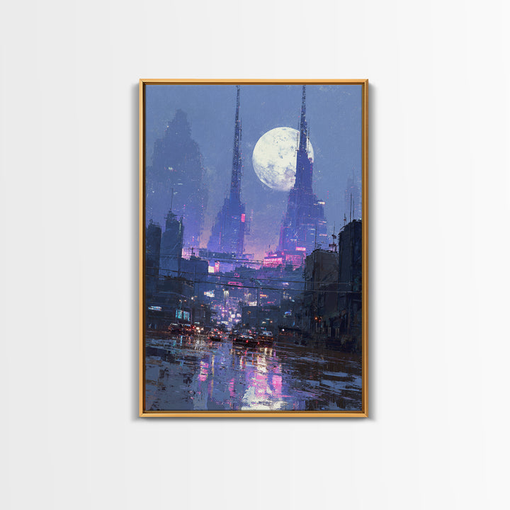 Dystopian Moon over Dense Rooftops Framed Canvas Print, Cyberpunk Art, Digital Wall Art, Living Room Decor, Watercolor Art, CYB-2x3-74