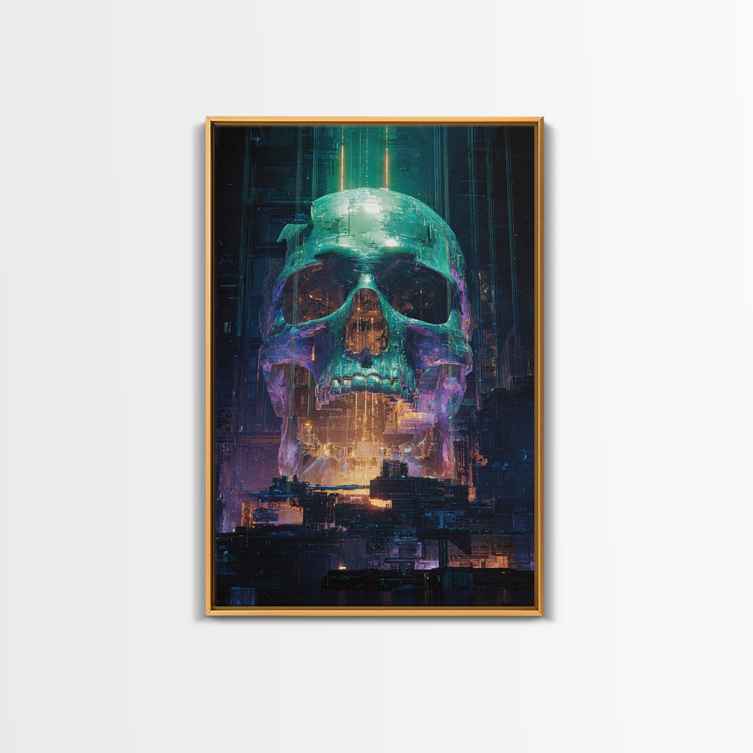 Cyberpunk Skull with Chrome and Violet Light Framed Canvas Print, Cyberpunk Art, Urban Wall Art, Living Room Decor, Neon, CYB-2x3-76