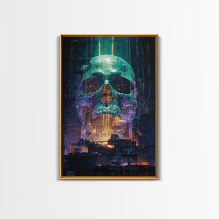 Cyberpunk Skull with Chrome and Violet Light Framed Canvas Print, Cyberpunk Art, Urban Wall Art, Living Room Decor, Neon, CYB-2x3-76