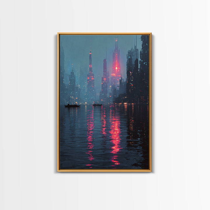 Neon Skyline Reflected Framed Canvas Print, Cyberpunk Art, Gothic Decor, Living Room Decor, Abstract Art, Neon, CYB-2x3-78