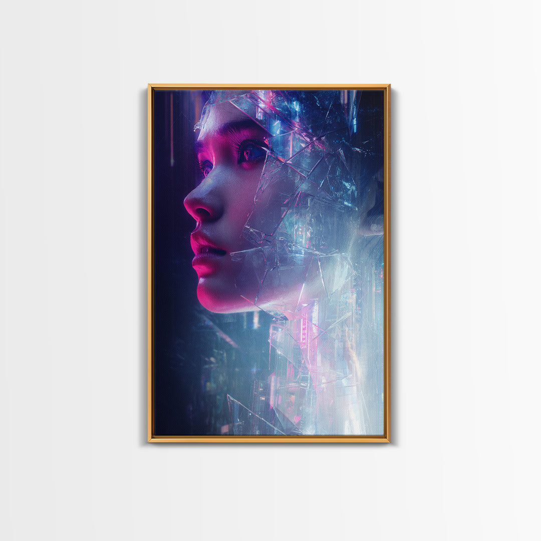 Ai Mask Portrait Framed Canvas Print, Cyberpunk Art, Digital Wall Art, Living Room Decor, Fine Art, Neon, Man Cave Decor, CYB-2x3-80
