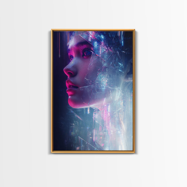 Ai Mask Portrait Framed Canvas Print, Cyberpunk Art, Digital Wall Art, Living Room Decor, Fine Art, Neon, Man Cave Decor, CYB-2x3-80