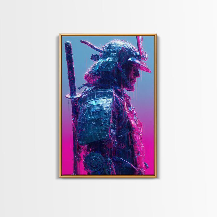 Neon Samurai Portrait Canvas Print, Cyberpunk Art, Man Cave Decor, Living Room Decor, Fine Art, Neon, Fine Art Print, CYB-2x3-81